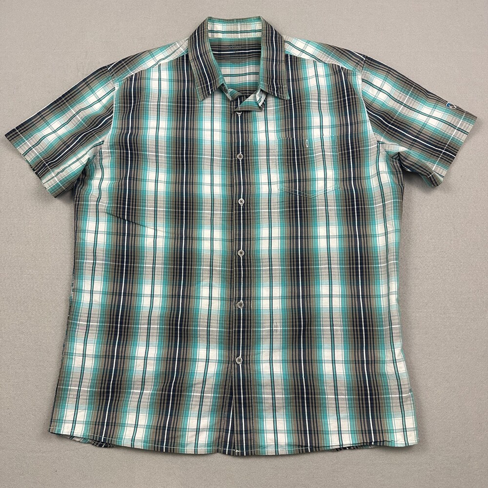 Kuhl Shirt Men Large Blue Plaid Short Sleeve Button Up Pocket Outdoor Hiking L *